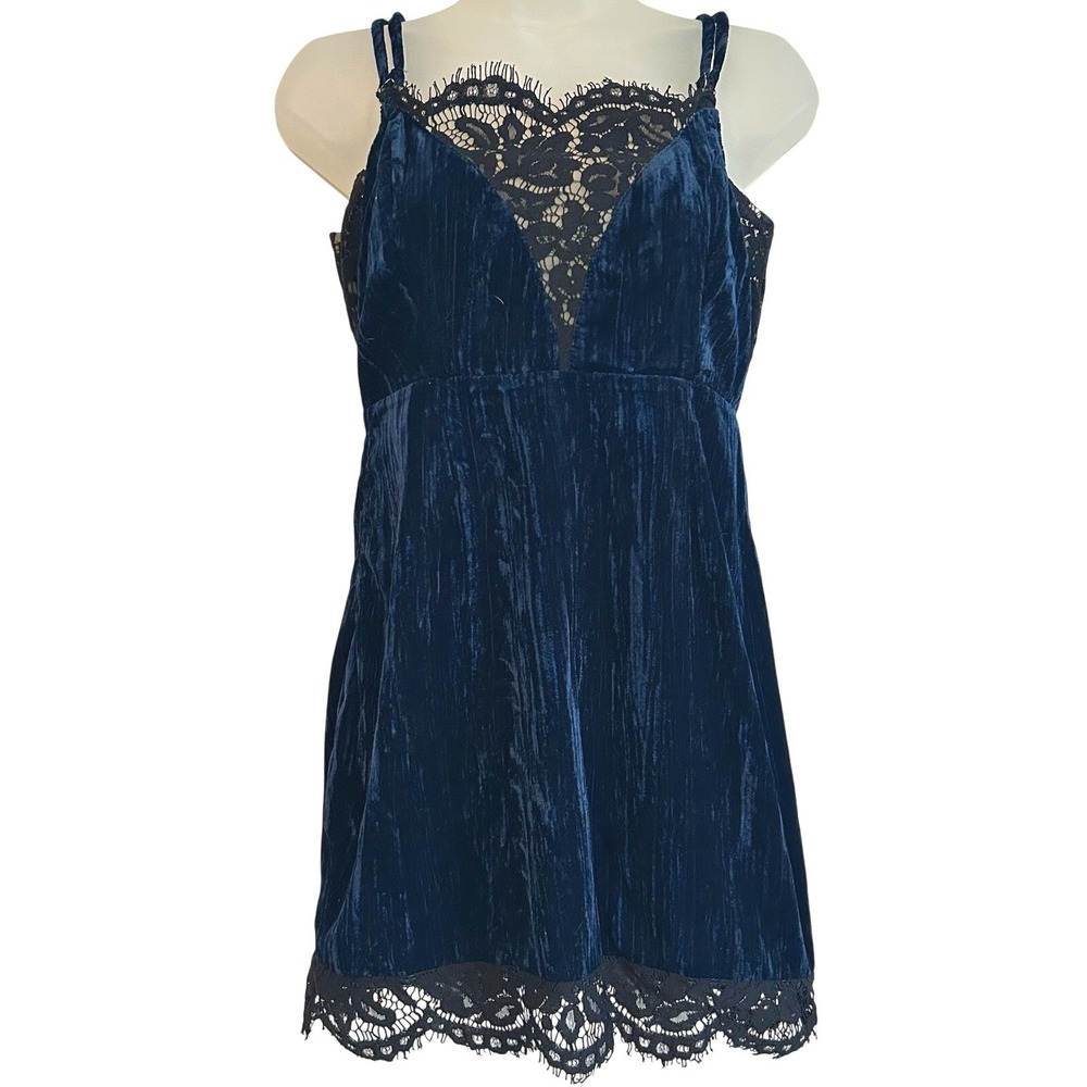 Lulu's Midnight Blue Velvet Mini Dress Sz S Lace Gothic Sexy Fairy Grunge Straps